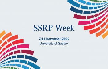 bright colourful SSRP graphics designed in the SDG colours on white background with a blue centred caption reading 'SSRP Week' and the date and location of this series of events below: 7th -11th November 2022, University of Sussex