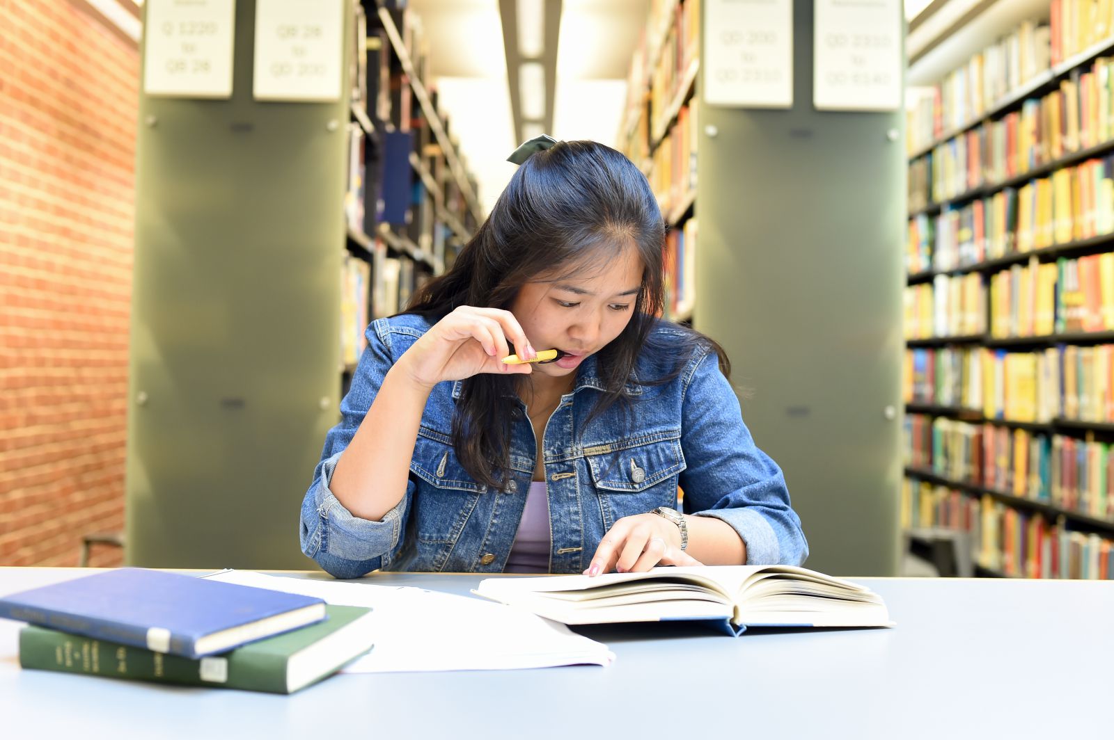 student sitting in a library